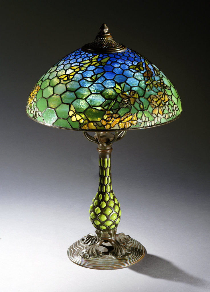 Detail of Tiffany Studios 'Butterfly' leaded glass and bronze table lamp by Corbis