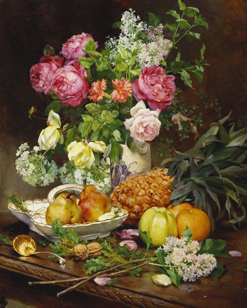 Detail of Roses in a Vase, Pears in a Porcelain Bowl and Fruit on an Oak Table by Louis-Marie de Schryver