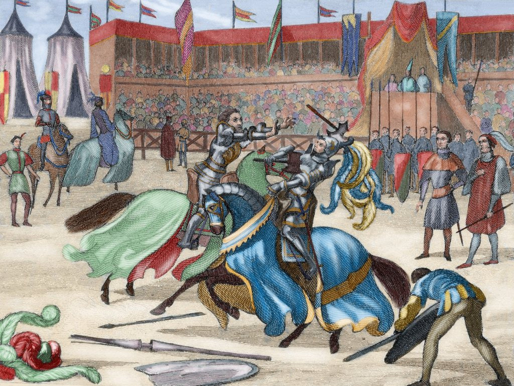 Detail of Medieval tournament. Colored engraving. 19th century by Corbis