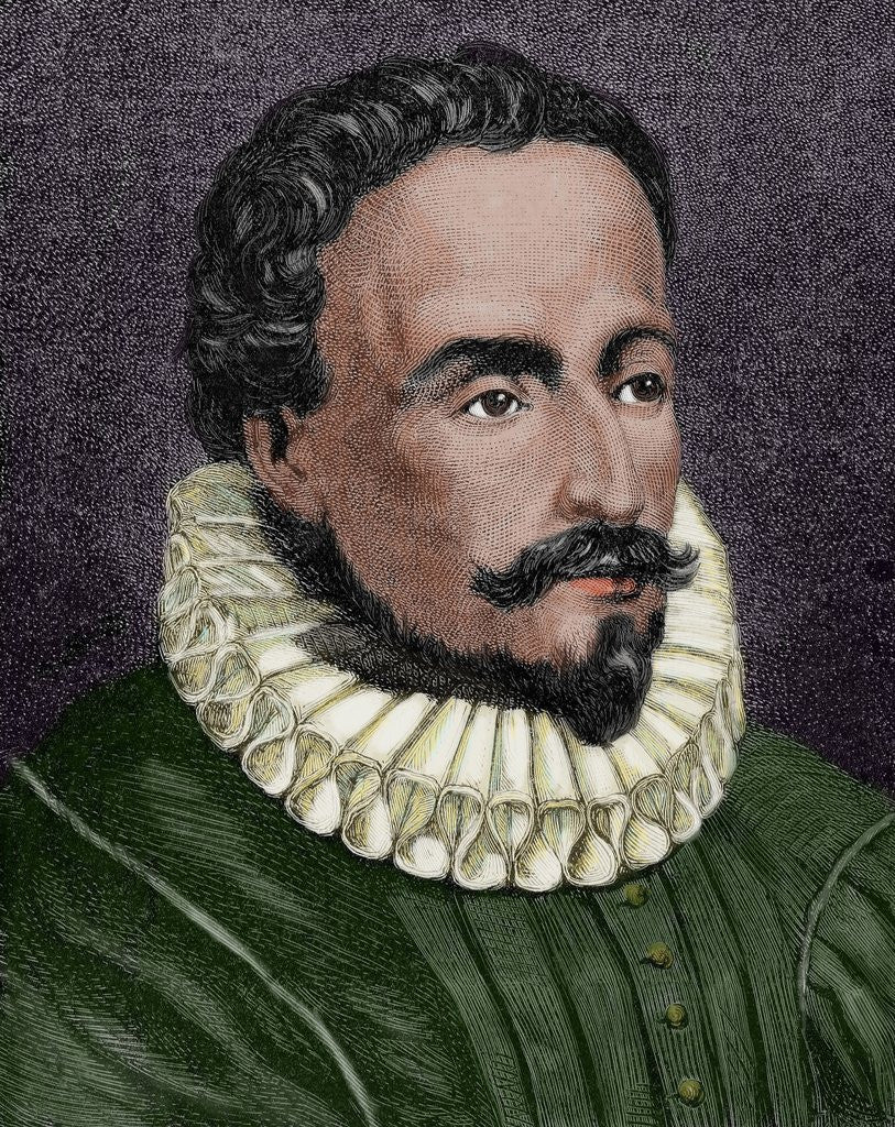 Detail of Miguel de Cervantes (1547-1616). Colored engraving by Corbis