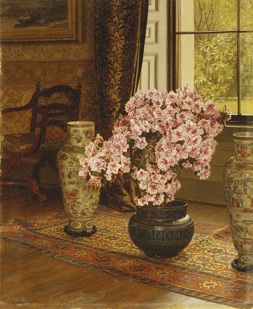 Detail of Azalea in a Japanese Bowl, with Chinese Vases on an Oriental Rug, in an Interior by Jessica Hayllar