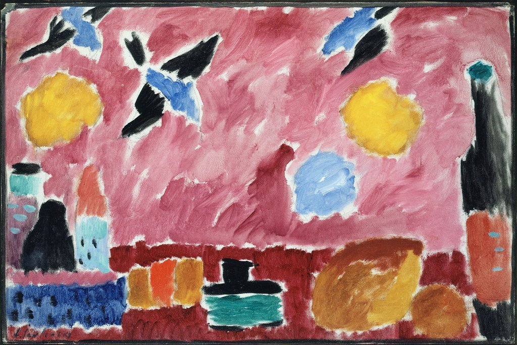 Detail of Still Life with Bottle, Bread and Red Wallpaper with Swallows by Alexej Von Jawlensky