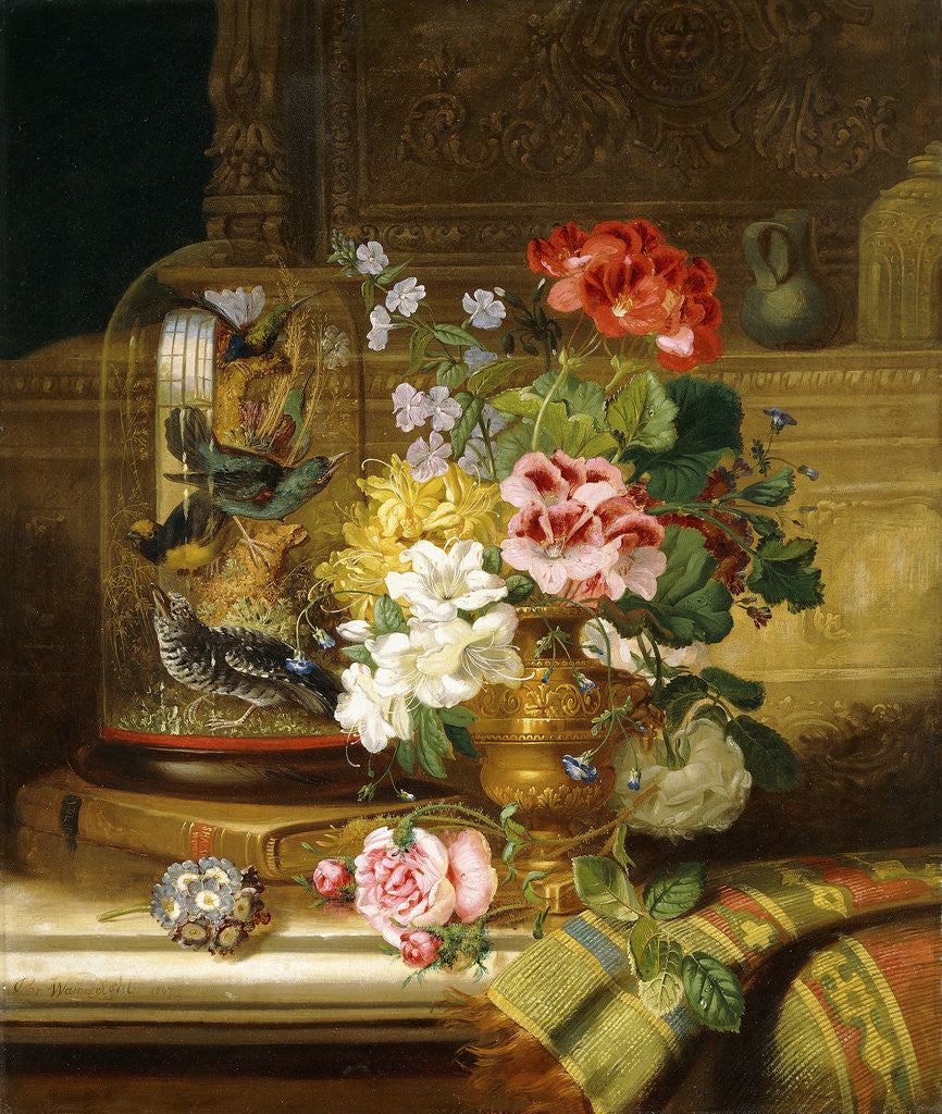 Detail of A Vase of Assorted Flowers and Songbirds on a Ledge by William John Wainwright