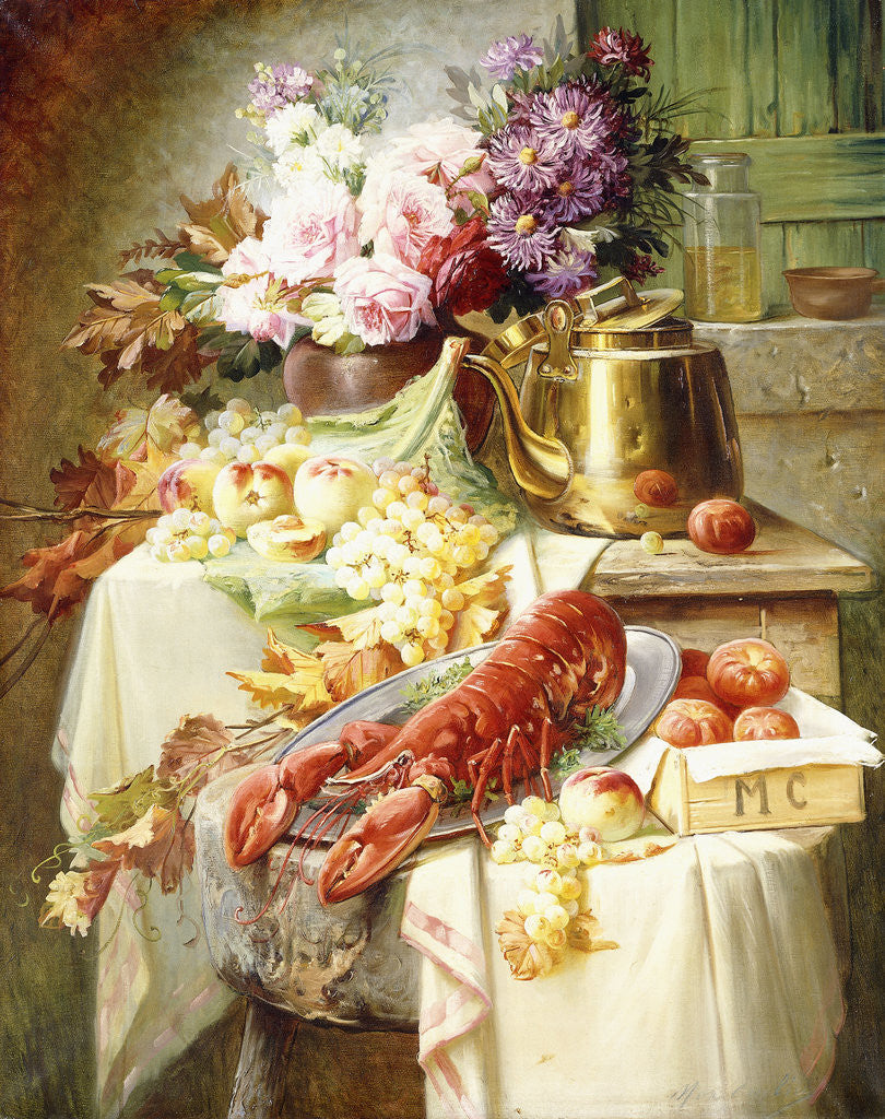 Detail of Still Life with a Lobster and Assorted Fruit and Flowers by Modeste Carlier