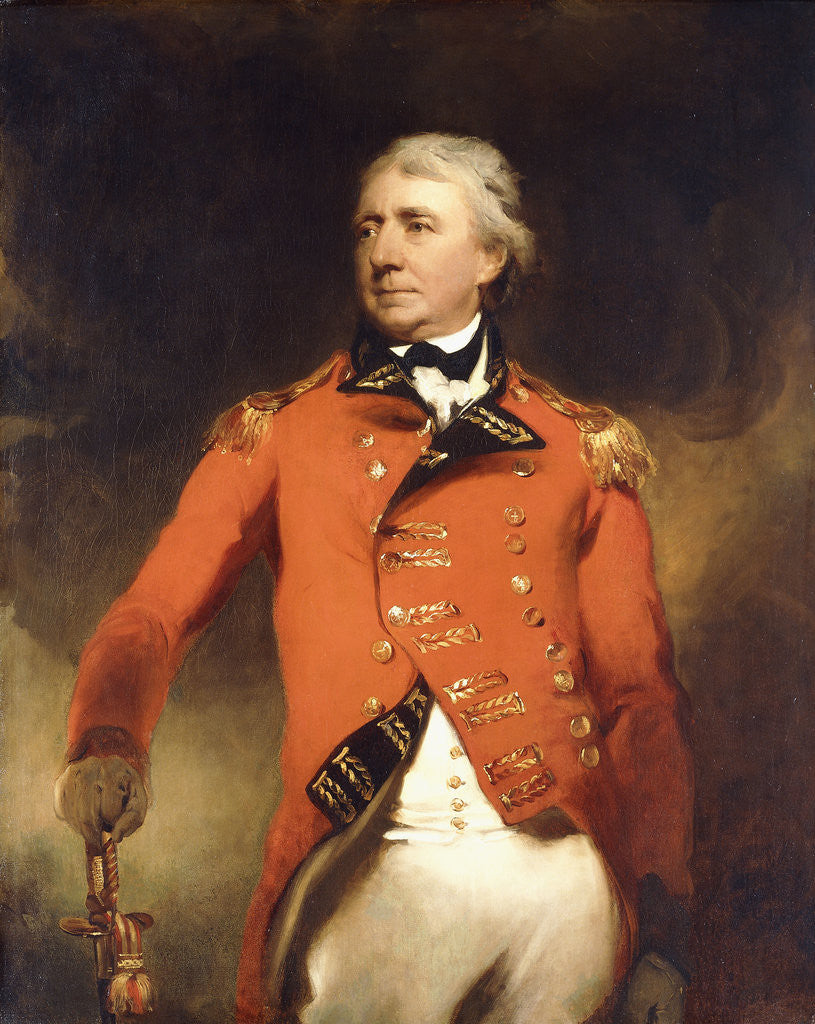 Detail of Portrait of General James Stuart standing three-quarter length, wearing a red uniform with gold frogging by Sir Thomas Lawrence