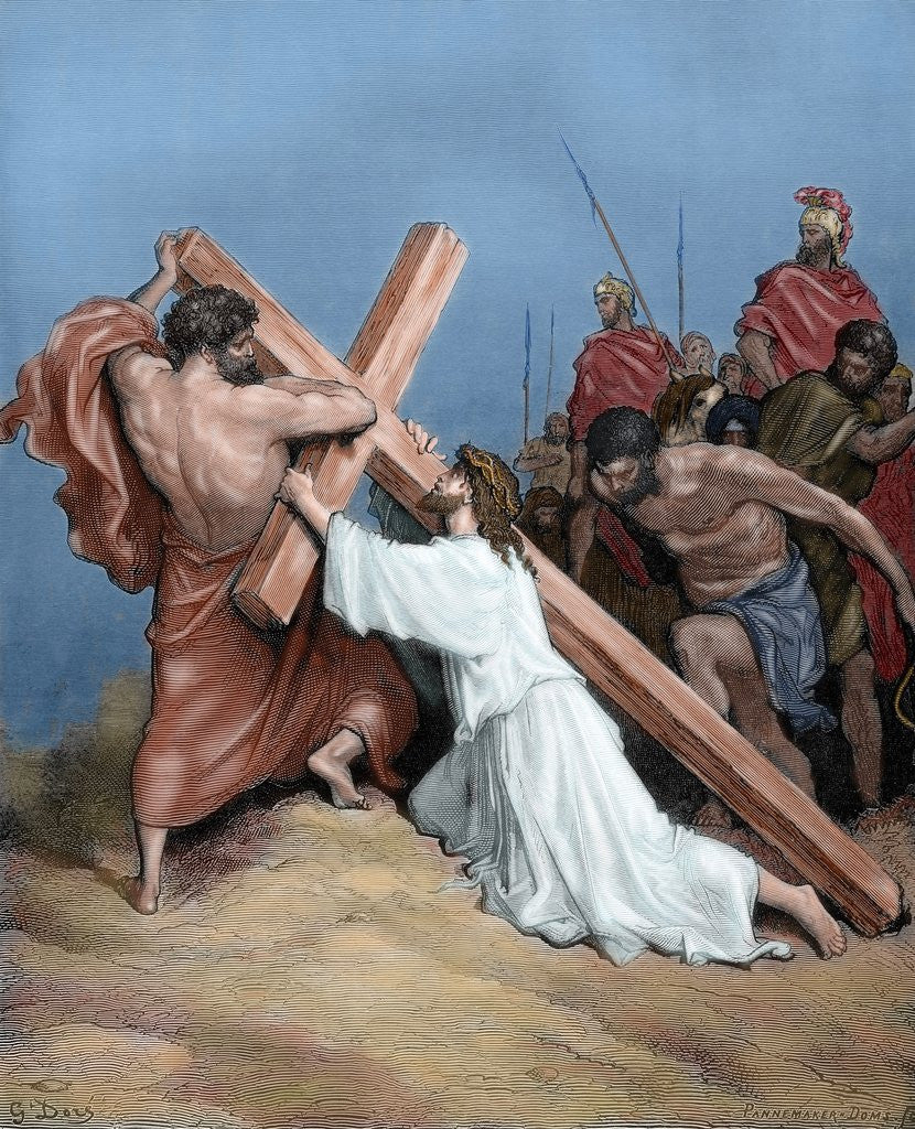 Detail of Jesus fall under the weight of the cross. Engraving. 19th century. Colored. by Corbis