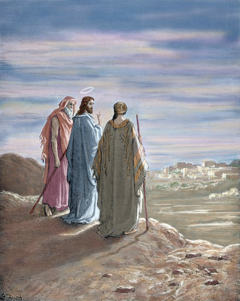 Detail of Jesus and the disciples of Emmaus. Engraving. 19th century. Colored. by Corbis