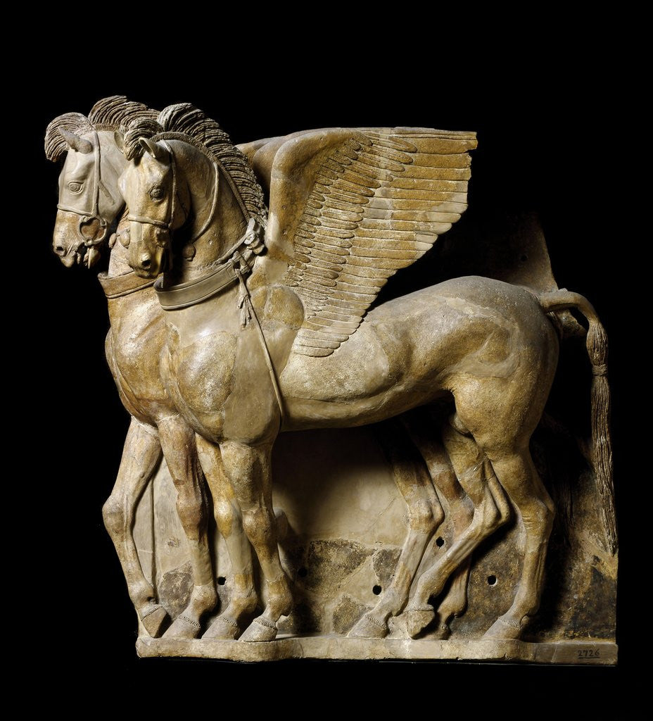 Detail of Etruscan sculpture of winged horses of Tarquinia by Corbis