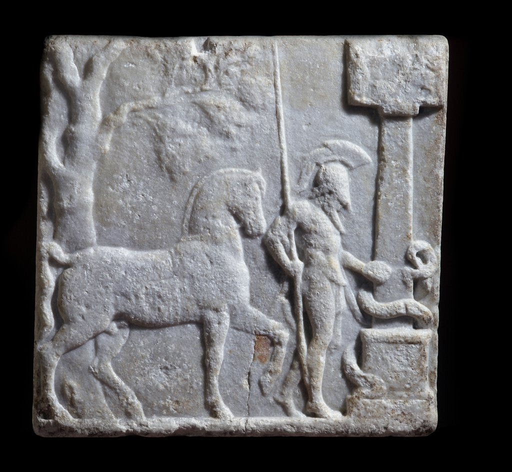 Detail of Ancient Greek marble stele with relief representing a rider and a horse by Corbis