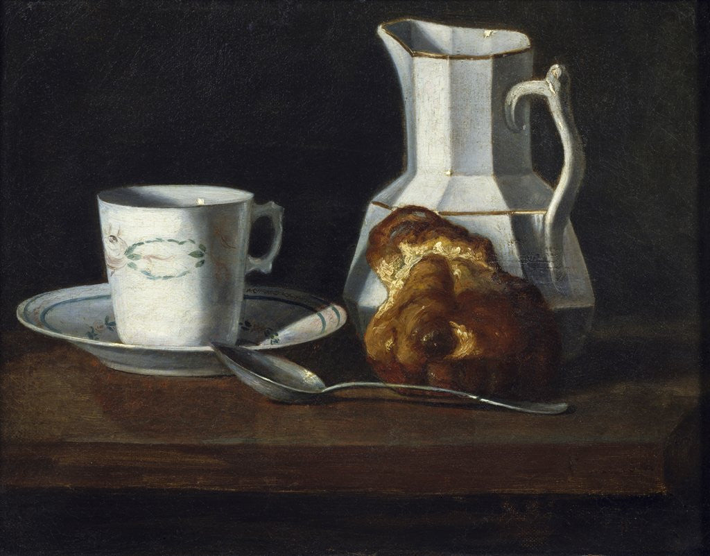 Detail of Still-life, a cake mug, milk jug and brioche by Francoise Bourin
