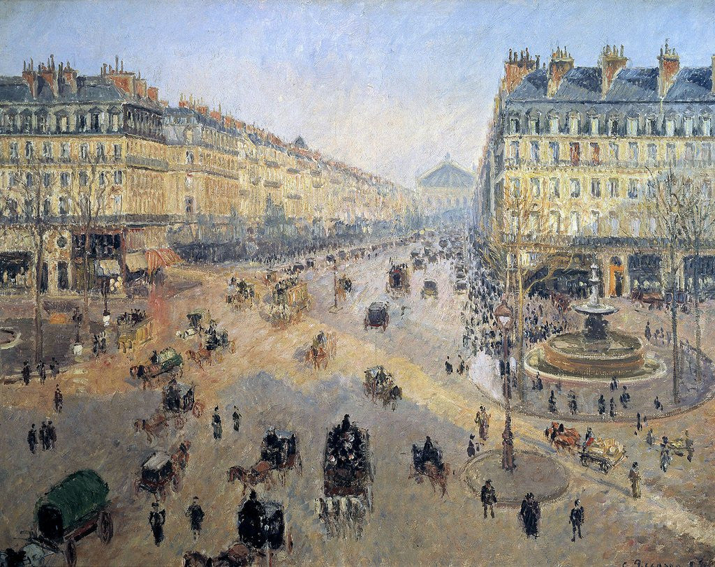 Detail of Avenue de l'Opera : sunshine, winter morning in Paris, 1898 - by Camille Pissarro