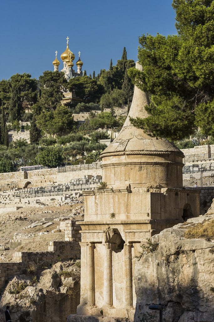 Detail of Kidron Valley, the Tomb of Absalom (also called Absalom's Pillar) and, on the background, the Russian Church of Mary Magdalene by Corbis