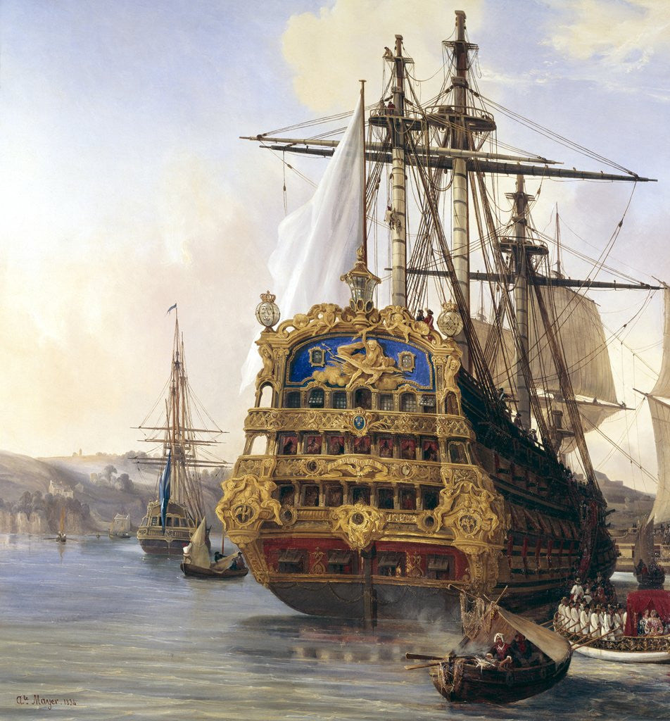 Detail of The ship Le Foudroyant in Brest harbour by Auguste Mayer