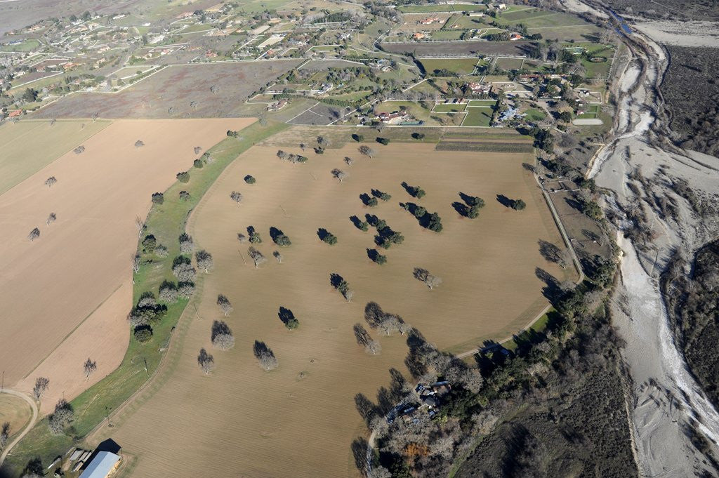 Detail of Aerial view of the Santa Ynez River and farms in Santa Ynez, California by Corbis