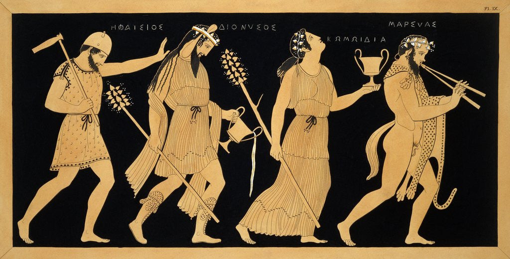 Detail of 19th Century Antique Vase Illustration of Dionysus and Three Figures by Corbis