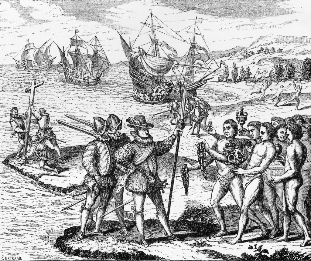 Detail of Etching of Spanish Explorers and Indigenous People by Bertrand