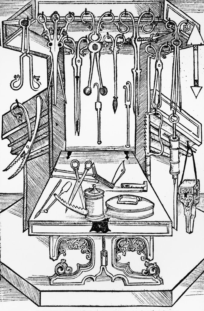 Detail of Woodcut Print of Assorted Medieval Medical Tools by Corbis