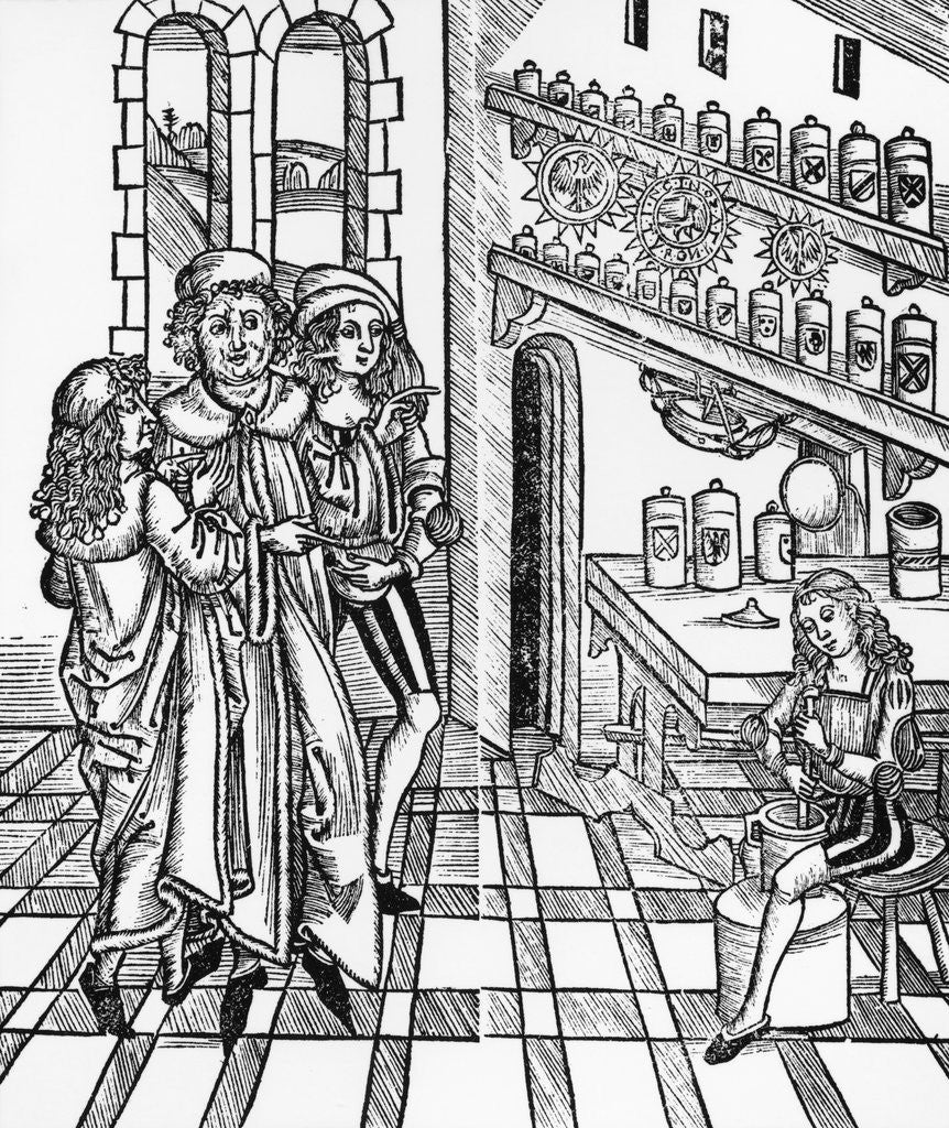 Detail of Woodcut Print of a Scene in a Medieval Apothecary Shop by Corbis