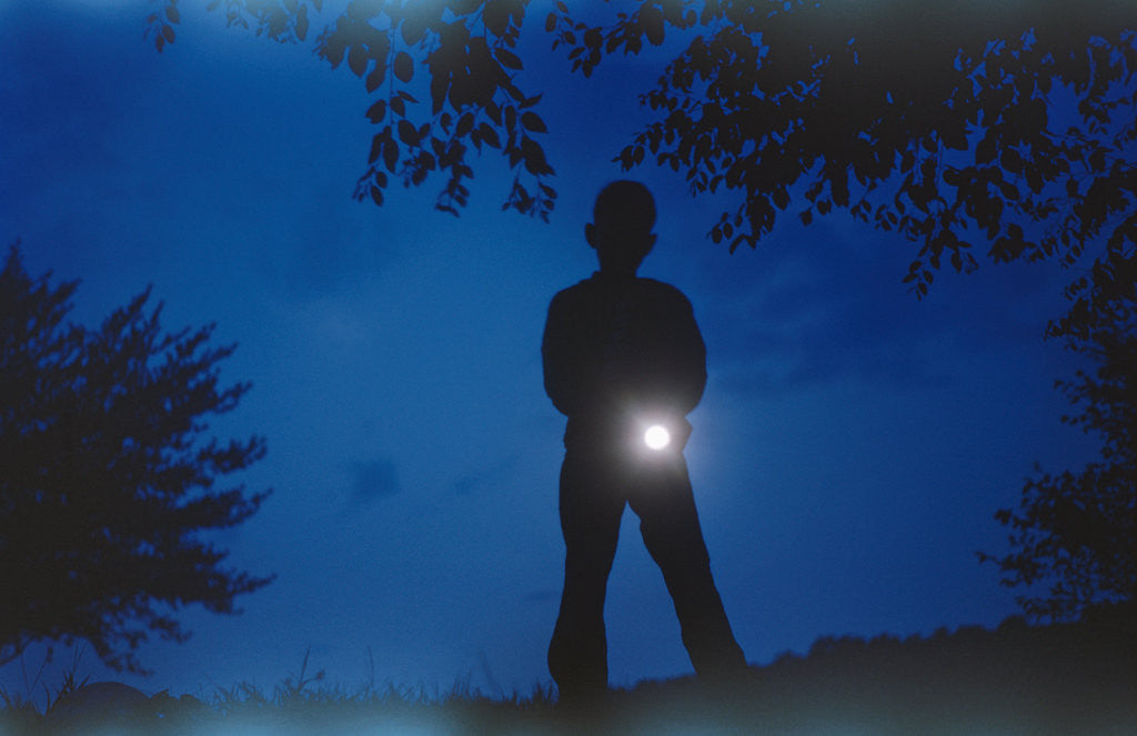 Detail of Silhouette of Boy Holding Flashlight by Corbis