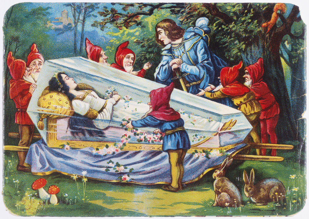 Detail of Illustration Depicting the Prince and the Seven Dwarfs with Snow White in Her Glass Coffin by Corbis