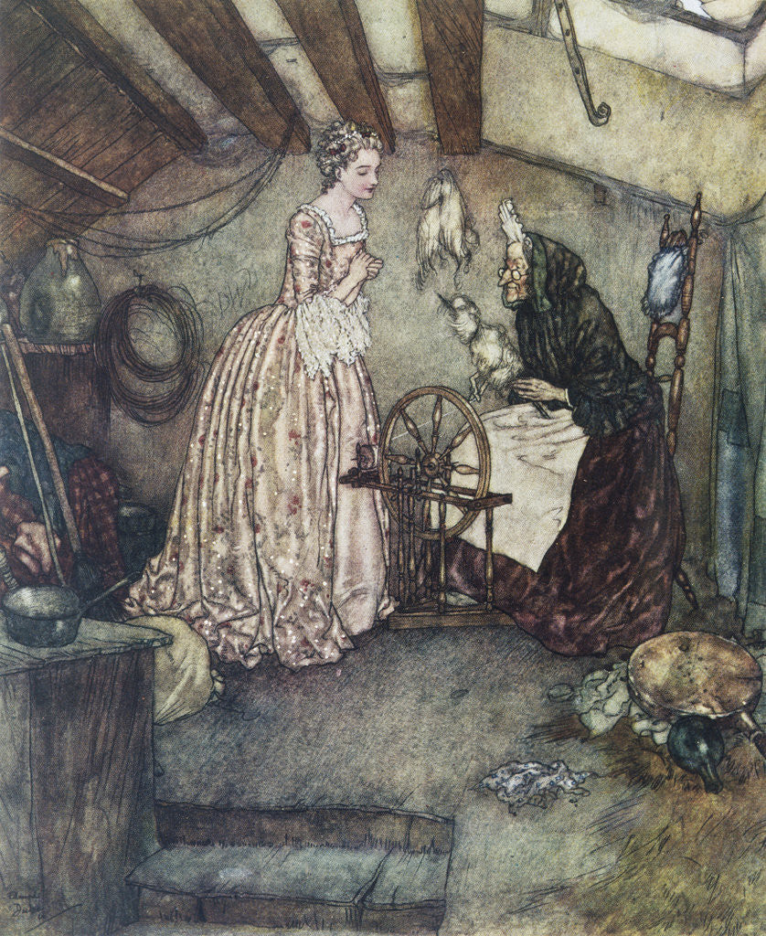 Detail of Illustration Depicting Sleeping Beauty Watching an Old Woman Spin by Edmund Dulac