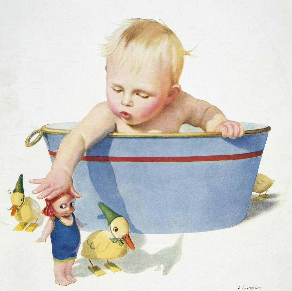 Detail of Illustration of a Young Child Playing with Bath Toys by E.N. Donaldson