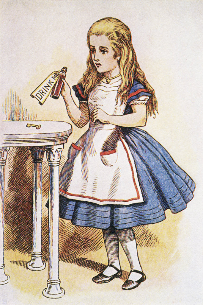 Detail of Book Illustration of Alice Holding the Bottle Labelled 