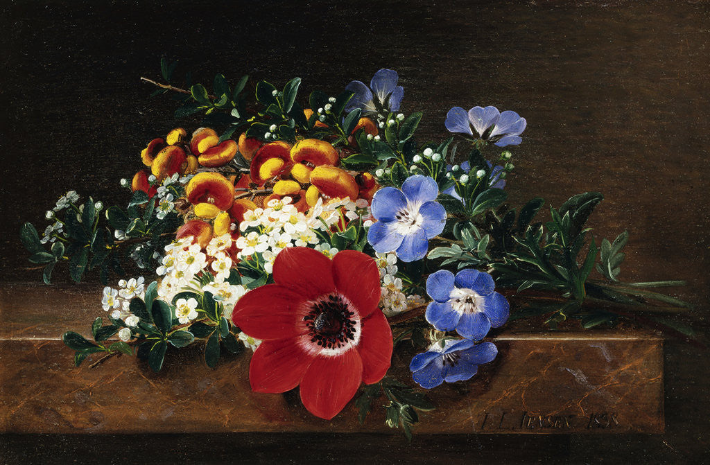 Detail of Anemone, White Spirea, Calceolaria and Blue Geranium by Johan Laurentz Jensen