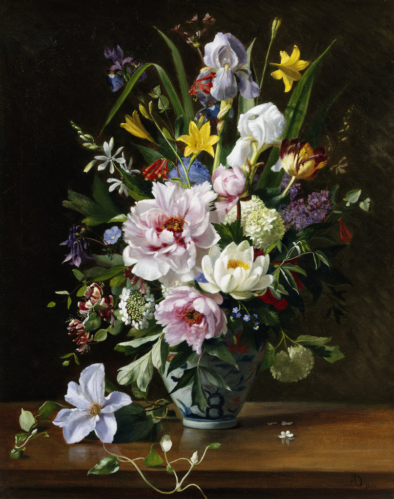 Detail of A Still Life with Clematis, Honeysuckle and Peonies by Augusta Dohlmann