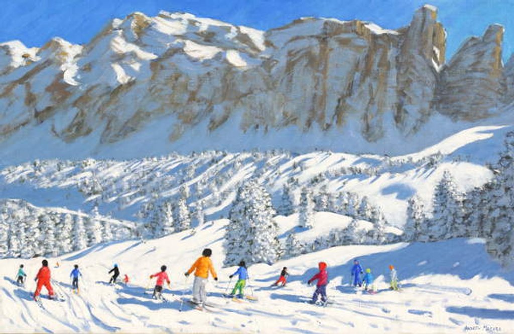 Detail of Colourful skiers, Val Gardena, Italy, 2019 by Andrew Macara