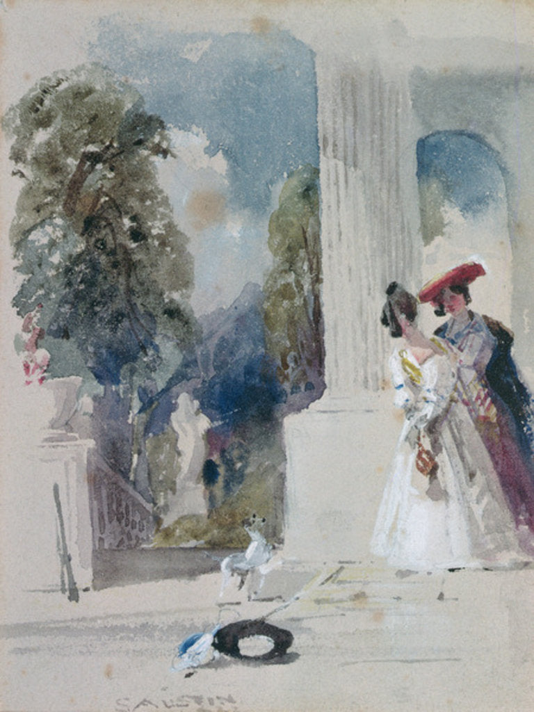 Detail of Two Ladies standing beside a Pillared Portico by Samuel Austin