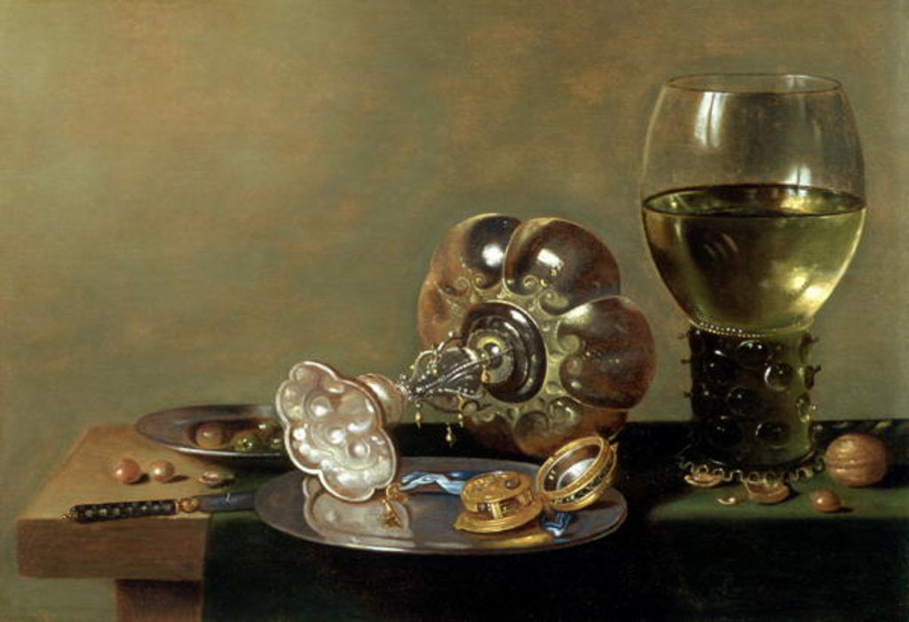 Detail of A still life with glass of wine, tazza and a pewter plate by Hans van Sant