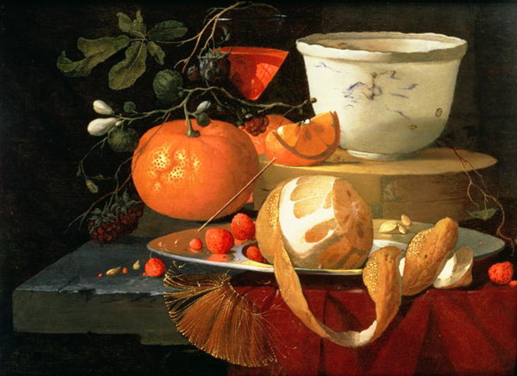 Detail of Still life of an orange, a lemon and strawberry on a pewter plate, a wan-li bowl behind by Elias van den Broeck