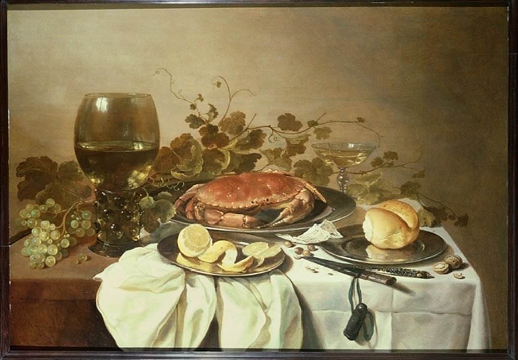 Detail of Breakfast still life with roemer and a crab by Pieter Claesz