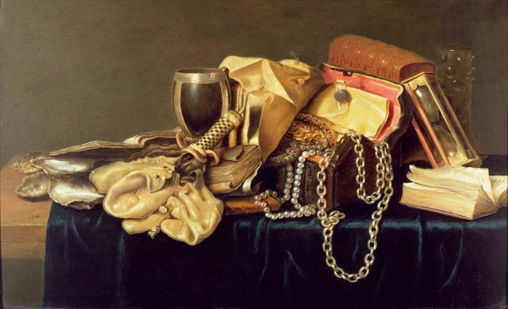 Detail of Still Life of a Jewellery Casket, Books and Oysters by Andries Vermeulen