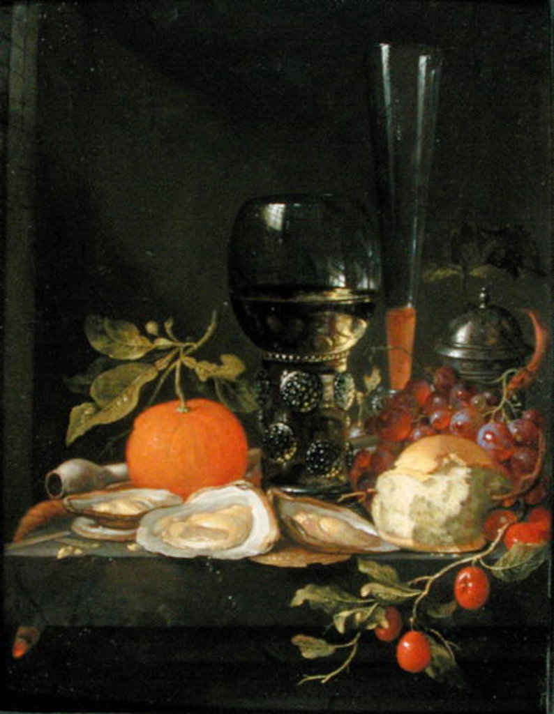 Detail of Still Life of Oysters, Grapes, Bread and Glasses on a Ledge by Jacob van (attr. to) Walscapelle