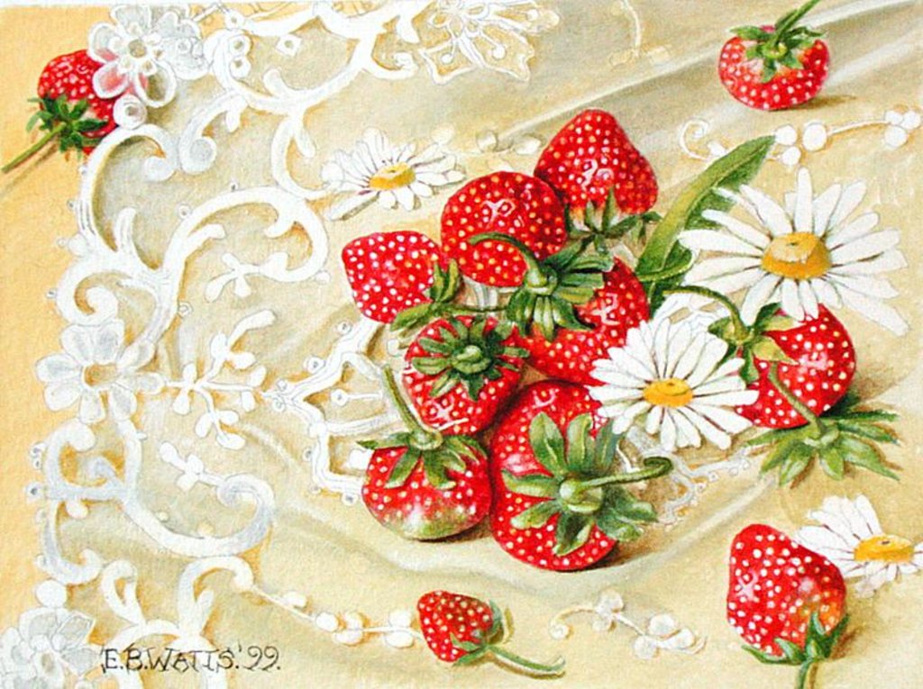 Detail of Strawberries on Lace, 1999 by E.B. Watts