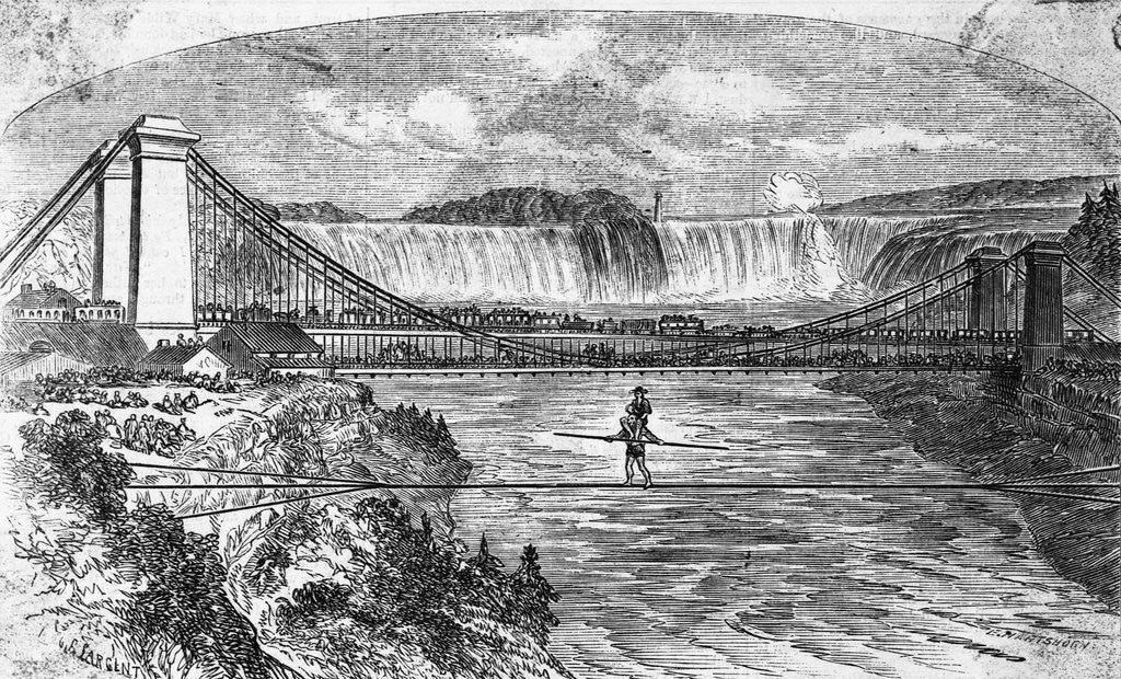 Detail of Woodcut Illustration of Charles Blondin Crossing Niagara River on Tightrope by Corbis