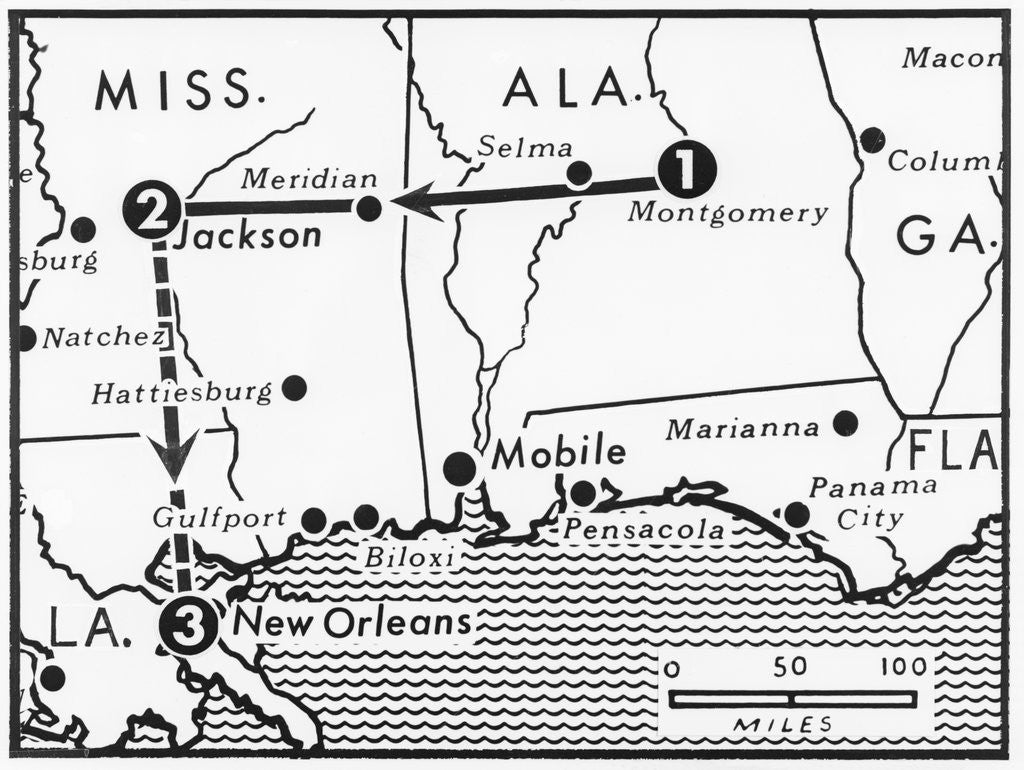 Detail of Map Showing Freedom Riders Route by Corbis