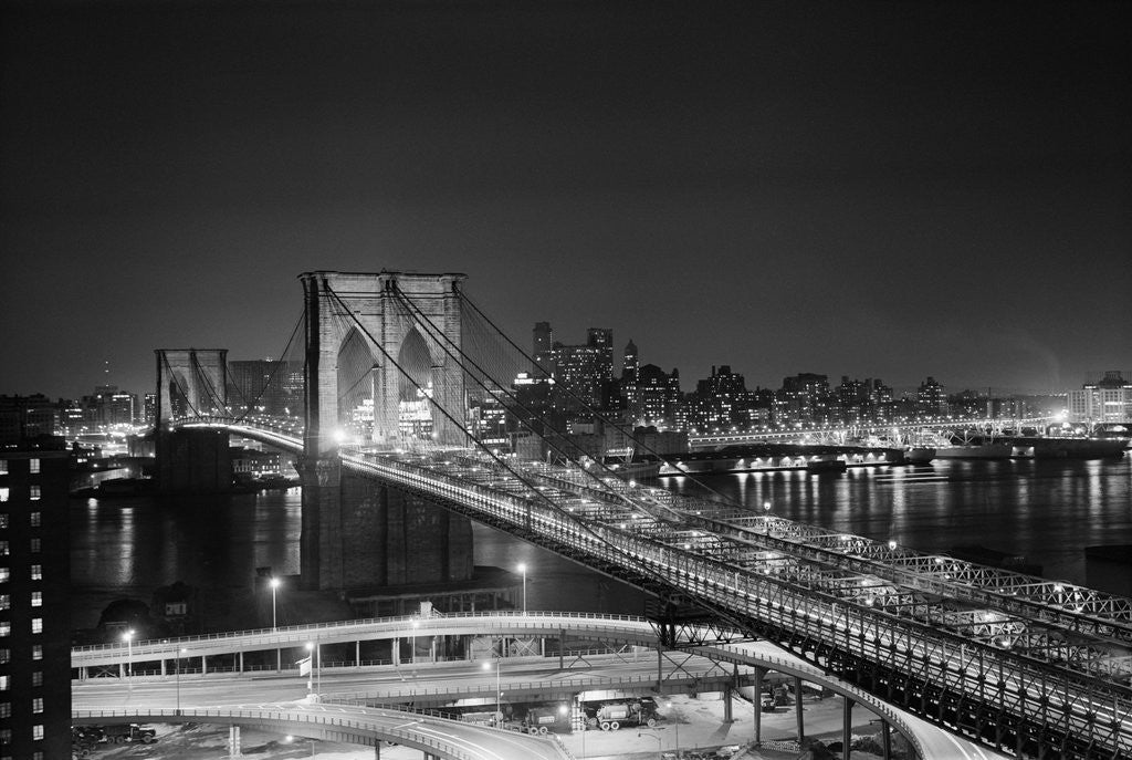 Detail of Brooklyn Bridge at Night by Corbis