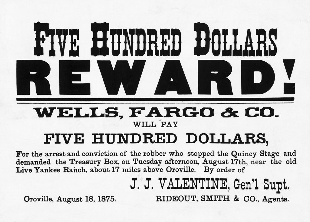 Detail of Reward Poster  - $500 for Robber Bandit by Corbis