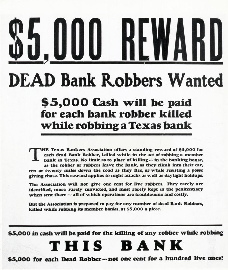 Detail of Reward Poster for Dead Bank Robbers by Corbis