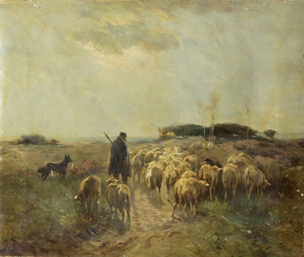 Detail of Sheep and Shepherd Retreating by Anonymous