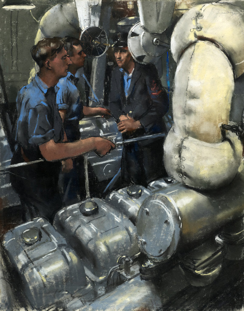 Detail of Chief Engineman P Smith, RNPS; Stoker I/C A Brazier, RNPS; Stoker I/C A Farrow, RNPS, In the Engine Room of BYMS 2254 by William Dring