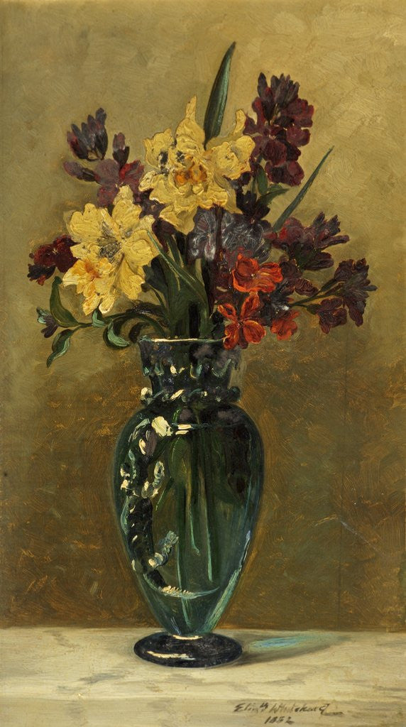 Detail of Wallflowers with Daffodils in a Glass Vase by Elizabeth Whitehead