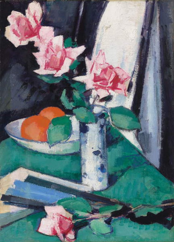 Detail of Still Life with Pink Roses and Oranges in a Blue and White Vase by Samuel John Peploe