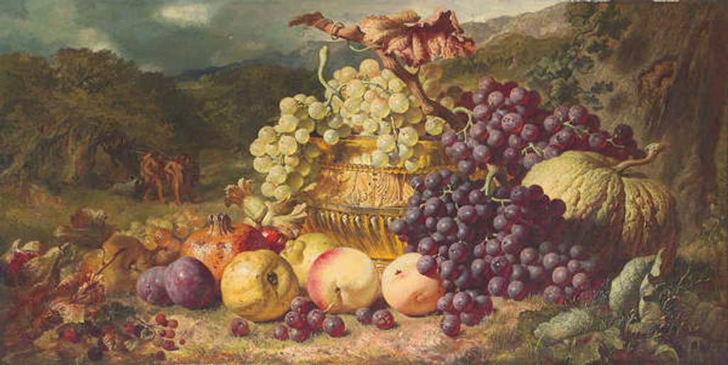 Detail of Still life with fruit in a landscape, a hunting party beyond, 1859 by George Lance