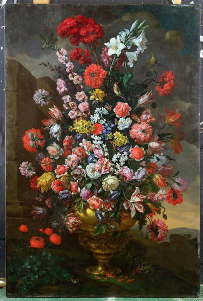 Detail of Lilies, Tulips, Carnations, Peonies, Convolvuli and Other Flowers in a Bronze Urn with Birds, a Tortoise and Butterflies in a Landscape, 1718 by Bartolomeo Bimbi