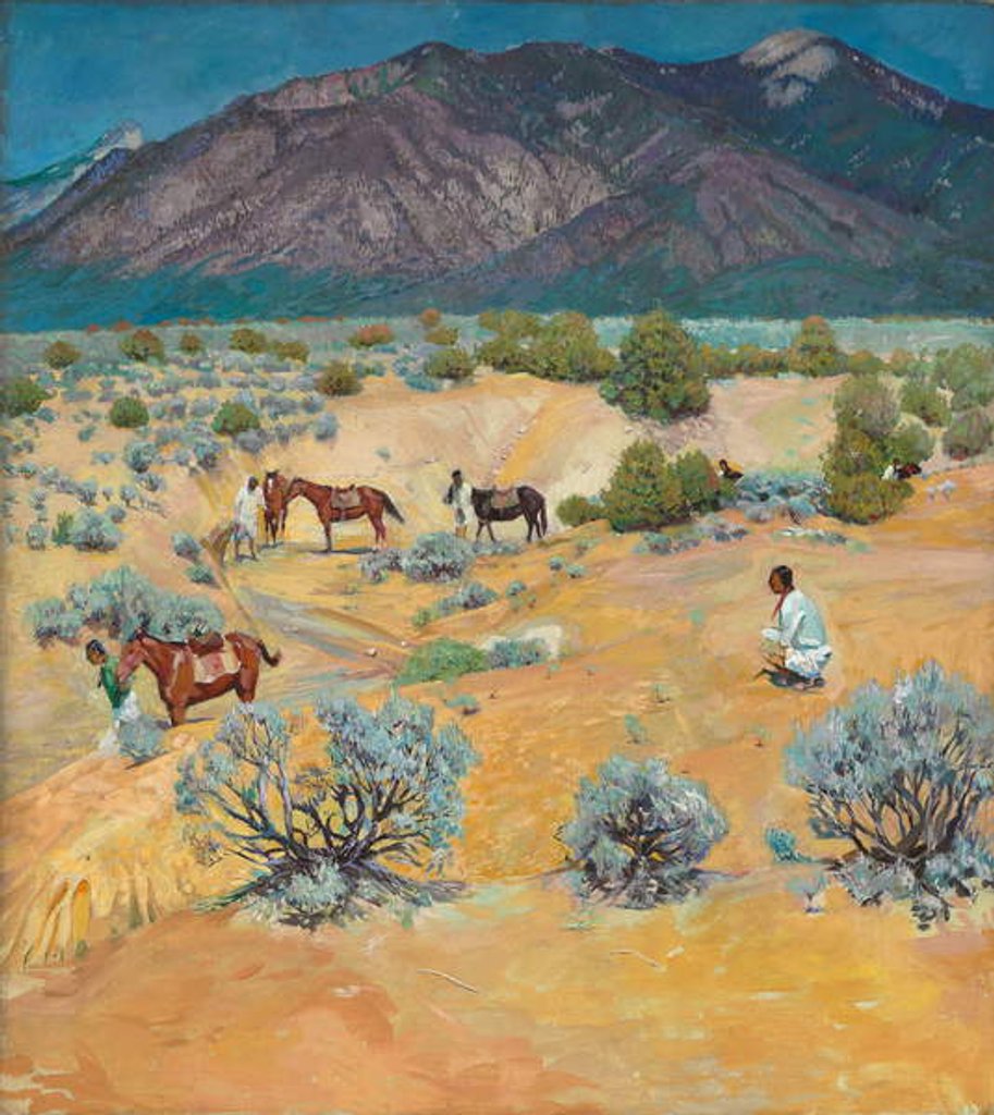 Detail of Taos Landscape with Indians by Walter Ufer