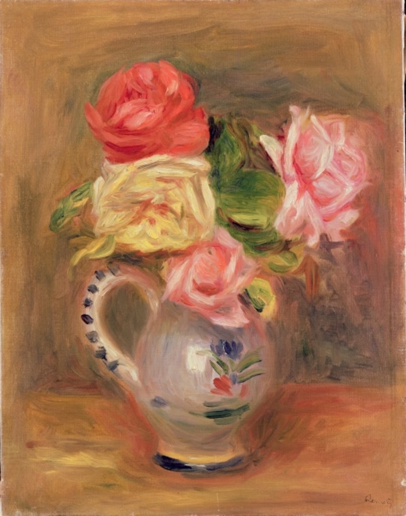 Detail of Roses in a pottery vase by Pierre Auguste Renoir